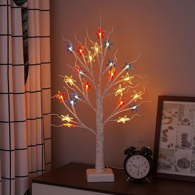 4th of July Patriotic Decorative DIY Artificial Tree Lamp, 24 LED Birch Tree Lights, Battery/USB Operated Fourth of July Independence Day Lighted Tree for Home Table Party Decor(Colorful)