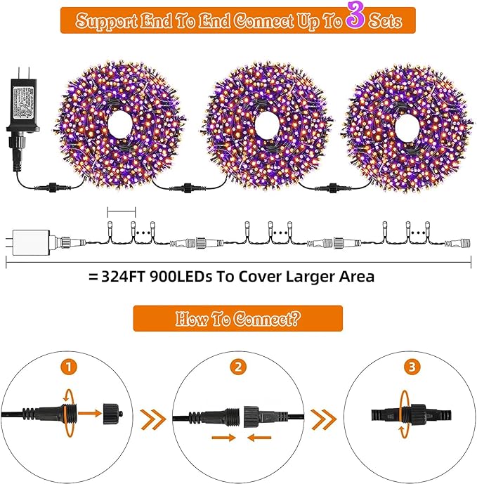 Motion Sensor Spooky Music Halloween Decorations Lights for Indoor/Outdoor, 108FT 300LED String Lights, Orange & Purple 2 Colors in 1 Waterproof Decor for Tree Party