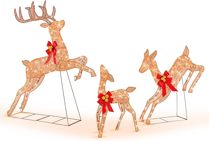 Tangkula 3 Pieces Lighted Christmas Reindeer, Holiday Reindeer Family Set with 255 Warm White Lights, Stakes, Indoor Outdoor Reindeer Christmas Decoration for Lawn Yard Garden