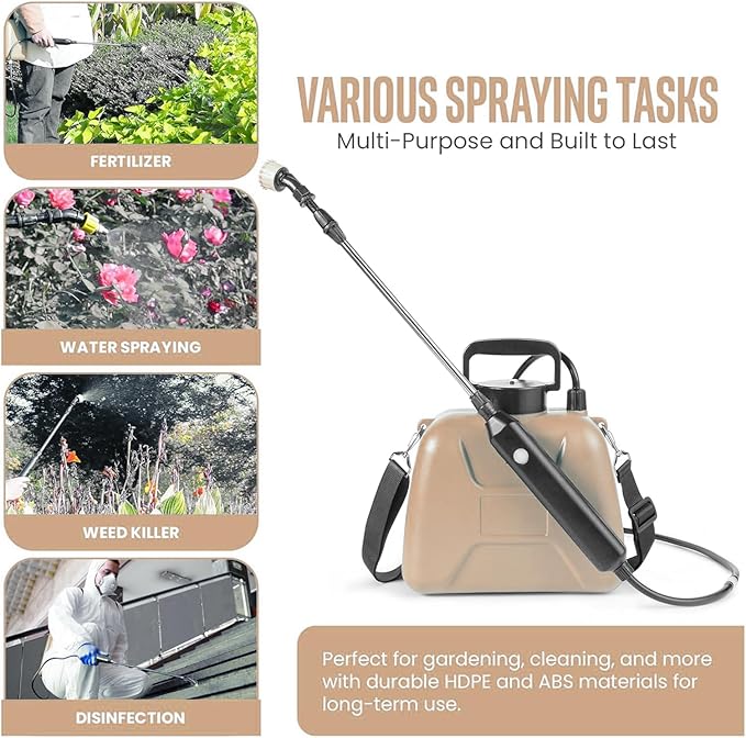 2025 Upgraded Electric Garden Sprayer | 5L/1.35Gal Battery-Powered Sprayer w/ 3 Nozzles, Leak-Proof Design & Adjustable Strap | Type-C Rechargeable for Lawn, Garden, Yard (Light Yellow)