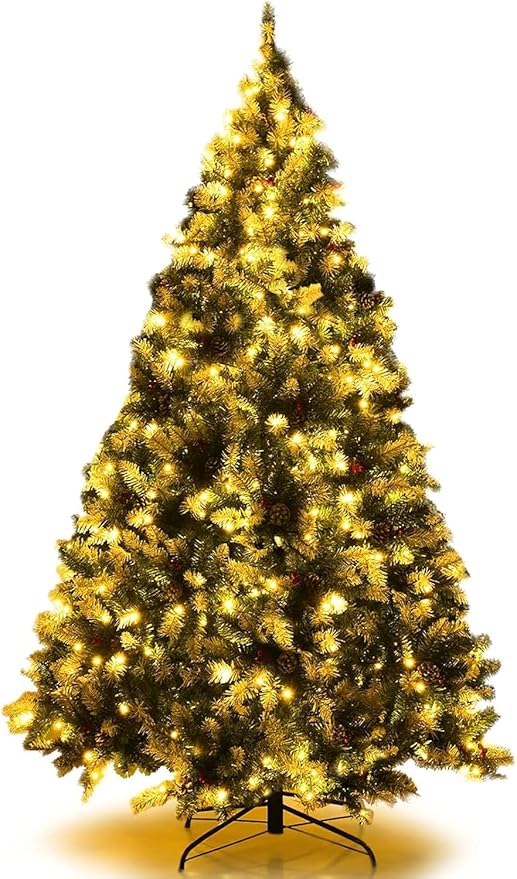 SIMOE 9ft Pre-Lit Snow Flocked Artificial Christmas Tree w/ 2058 Tips, Pine Cones & Berries, Xmas Tree w/Metal Stand and Hinged Branches, Easy Assembly Indoor Holiday Decor