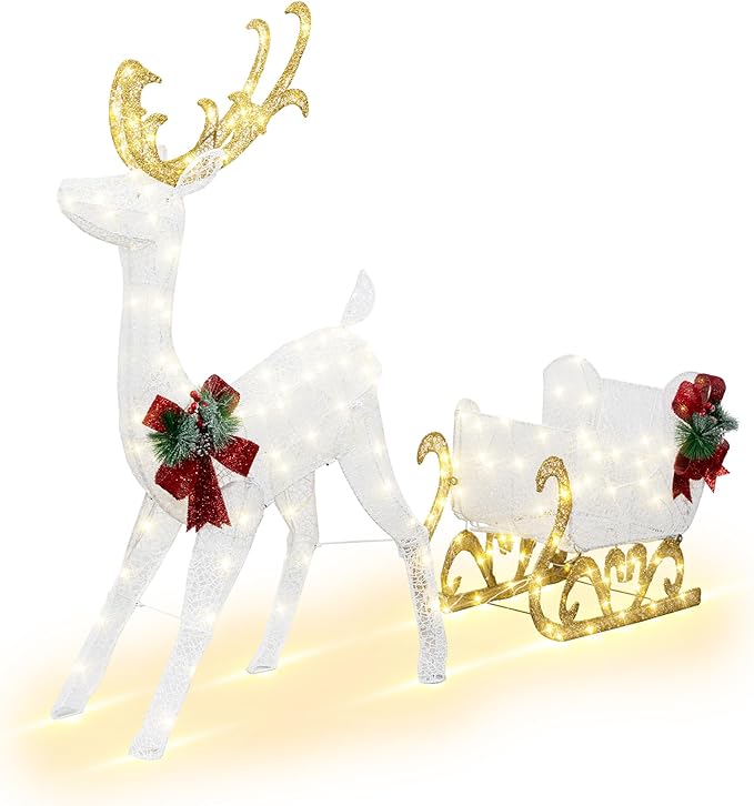 Vongrasig 4FT Lighted Christmas Reindeer & Sleigh Outdoor Yard Decoration Set W/ 205 LED Lights & 8 Ground Stakes, Zip Ties, Artificial Xmas Lighted Holiday Decor for Indoor and Outdoor(White)