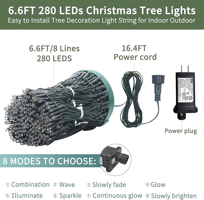 VIL Christmas Tree Lights with Ring,6.6Ft 8 Line 280 LED Green Wire Fairy Waterfall String Lights Plug in,Icicle Twinkle Lights with 8 Lighting Modes for Indoor Outdoor Xmas Tree(Multicolor)