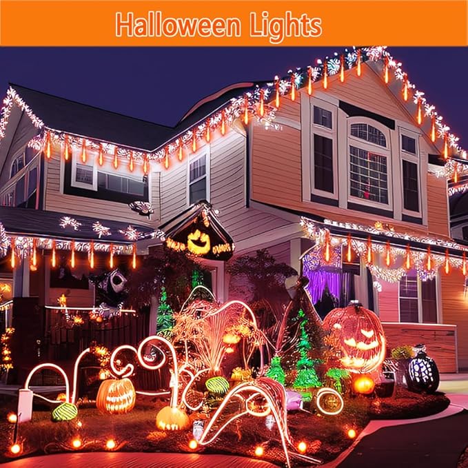 Kwaiffeo Outdoor Halloween Decorations, 24 Tubes Meteor Shower Lights(Equivalent to 3 Sets of 8-Tube) for Halloween Decoration Outside, Orange Lights for Tree Fall Autumn Decor, UL Plug
