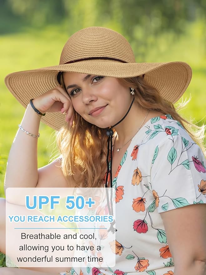 Senker Fashion Sun Hats for Women, Wind Lanyard Wide Brim Straw Hat for Summer Beach Garden Vacation Foldable UPF 50+