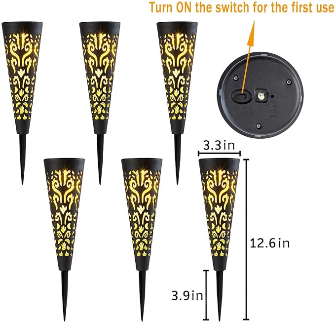 Go2garden 6Pcs Solar Lights Outdoor Garden Decor Gifts for Women Mom,Waterproof Conical Garden Stakes for Yard, Lawn, Pathway,Garden Lights Mothers' Day Birthday Gifts for Men(Black)