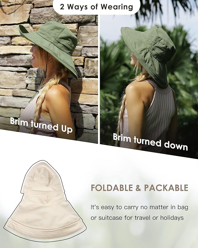 Sun Hats for Women Gardening Hat Wide Brim Ponytail Beach Sun Protection Breathable Cotton Summer Hat with Fold-Up Brim