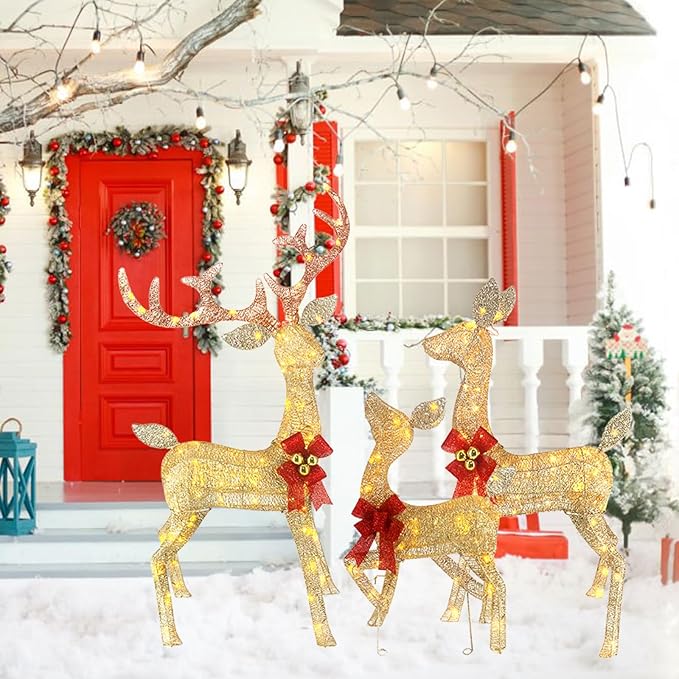 4ft Outdoor Christmas Reindeer Decor Set of 3 with 240 Warm White LEDs, Durable Metal Frame, Weatherproof Plush Fabric for Christmas Home Yard Garden Lawn Decorations, Easy Assembly, Gold