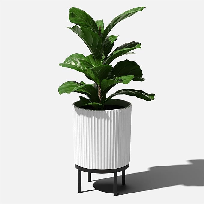 Veradek Demi Series Round Planter w/ Stand for Porch/Patio | Durable Plastic-Concrete & Wooden Stand | Modern Décor for Tall Plants, Flowers