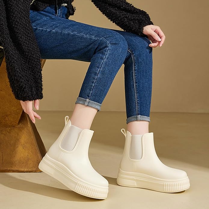 Women's PVC Chunky Platform Ankle Rain Boots Waterproof Slip On Anti-slip Chelsea Boots Comfort Wide-leg Elastic Band Outdoor Rubber Garden Work Rain Boots For Yard Farm