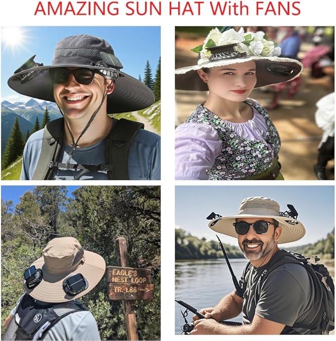 Sun Hats with Fans for Men Women Summer Fishing,Cooling Fishing Hat with Fans for Hiking Camping Hunting UPF 50+ Wide Brim