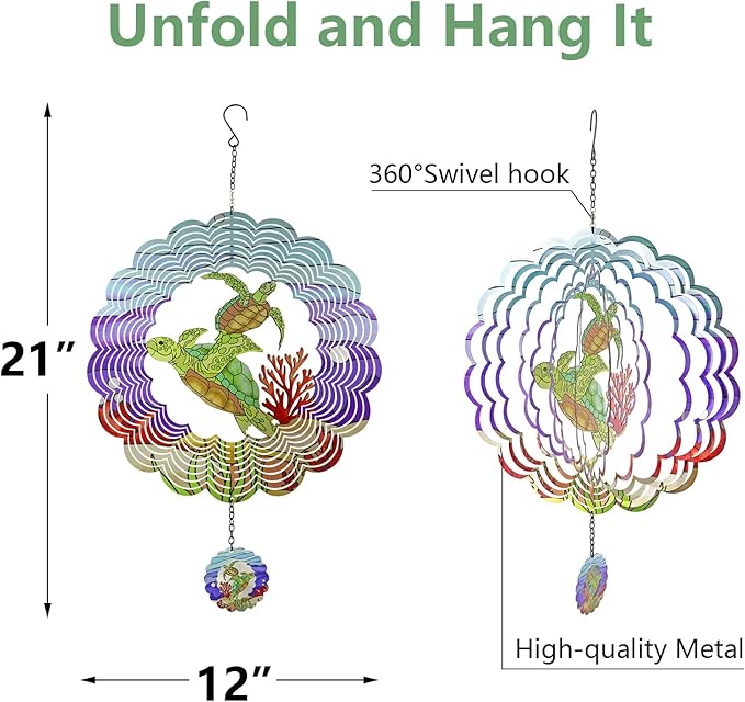 Turtle 3D Wind Spinner Kinetic Metal Art Hanging Wind Spinner Outdoor Decoration Ocean Ornaments Decor for Yard and Garden