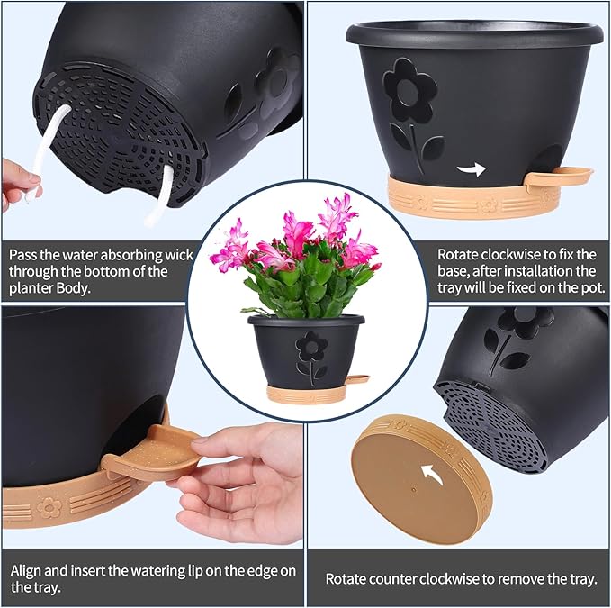 Plant Pots 10 Inch Set of 4, Self Watering Pots with Drainage Holes, Saucer & Reservoir, Flower Pots for Indoor/Outdoor Plants, Decorative Nursery Planting Pots (Black)