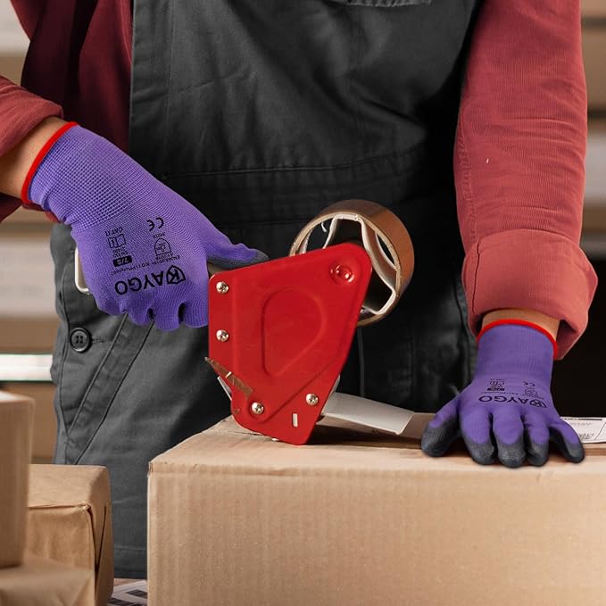 KAYGO Safety Work Gloves PU Coated,12 Pairs KG11PB Seamless Knit Glove for Men and Women, with Smooth Grip on Palm and Fingers, Ideal for General Duty Work (M, Purple)