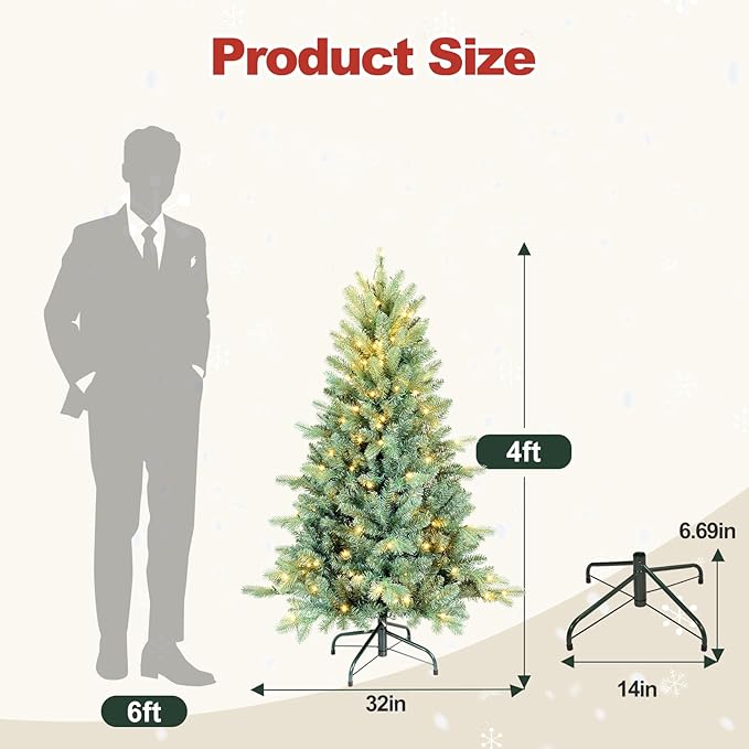 4 Ft Pre-Lit Artificial Christmas Tree, w/ 150 LED Warm Lights, 475 PE&PVC Mixed Branch Tips, Faux Xmas Tree for Home, Office, Party Decoration, Easy Assembly, Metal Hinges & Foldable Base