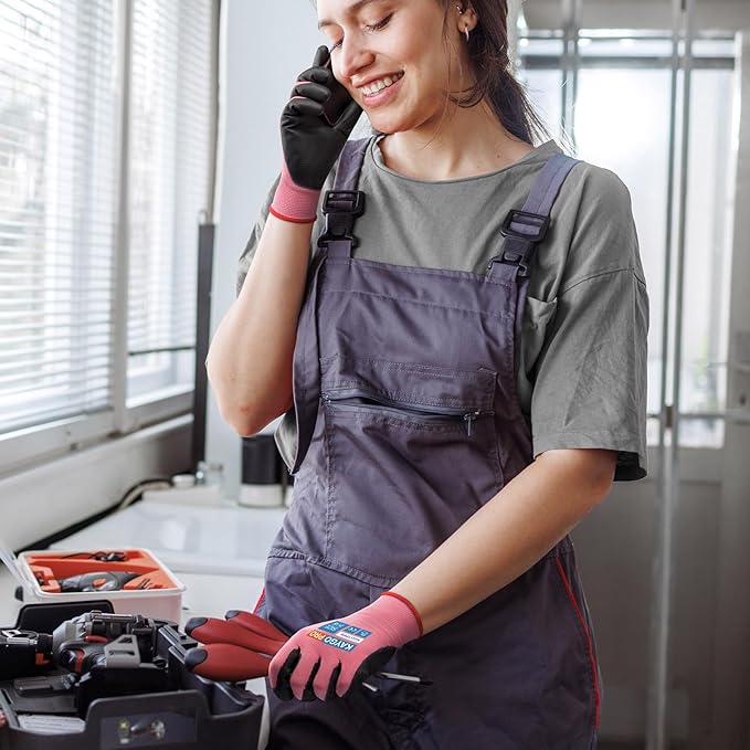 KAYGO Safety Work Gloves PU Coated for Men and Women- KG11PB,12 Pairs,Seamless Knit Glove with Two Fingers Touchscreen,Ideal for General Duty Work (Small,Pink)