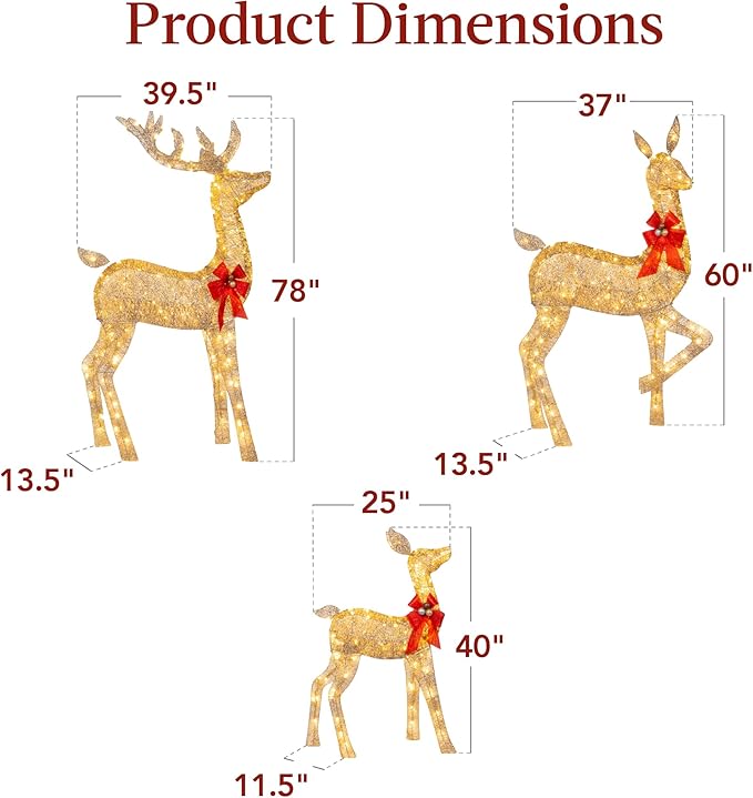 Best Choice Products 6.5ft 3-Piece Large Lighted Christmas Deer Family Set, Outdoor Yard Decoration with 385 LED Lights, Stakes, Zip Ties - Gold
