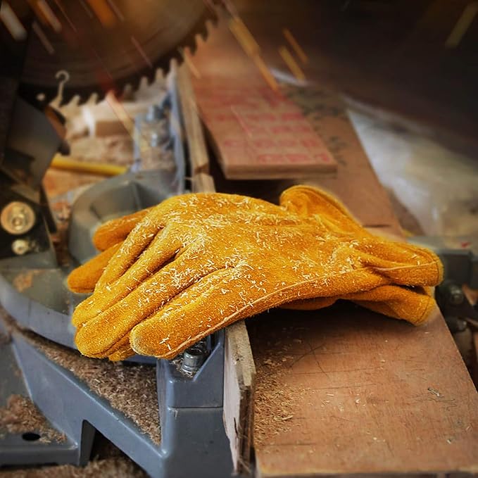 OZERO Leather Work Gloves Flex Grip Tough Cowhide Gardening Glove for Men and Women (Large, Gold With Mesh Linning)