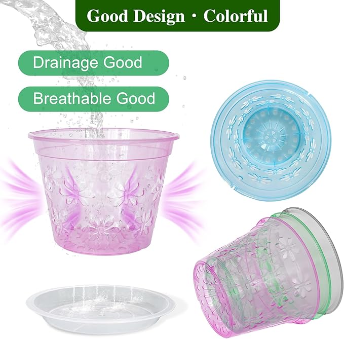 Orchid Pot, 8 Pack Orchid Pots with Holes & Saucers, Clear Plastic Pot for Repotting, Breathable Ventilation Planters for Phalaenopsis, Dendrobium & Oncidium Orchids(4 inch, Green)