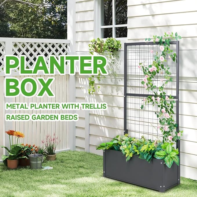 Metal Planter with Trellis Raised Garden Beds Outdoor (35.5" L*12" W*59" H) Inch Planter Box with Trellis&Privacy Screen for Climbing Plants, Vegetables, Vines