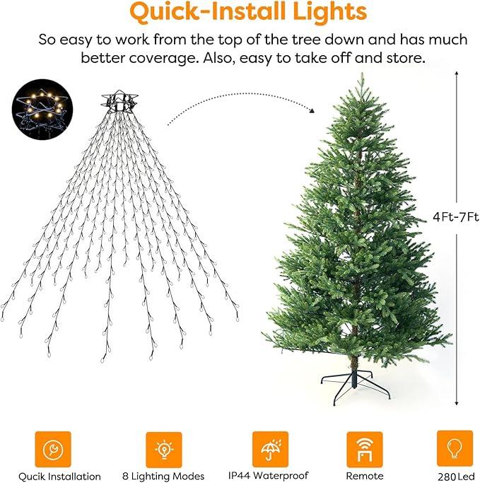 Christmas Tree Lights Christmas Lights Outdoor Indoor WarmWhite 280Led 10 Lines with 8 Light Modes, Timer and Remote Control, Waterfall Lights for Wedding Home Party 4Ft-7Ft Xmas Tree Decorations