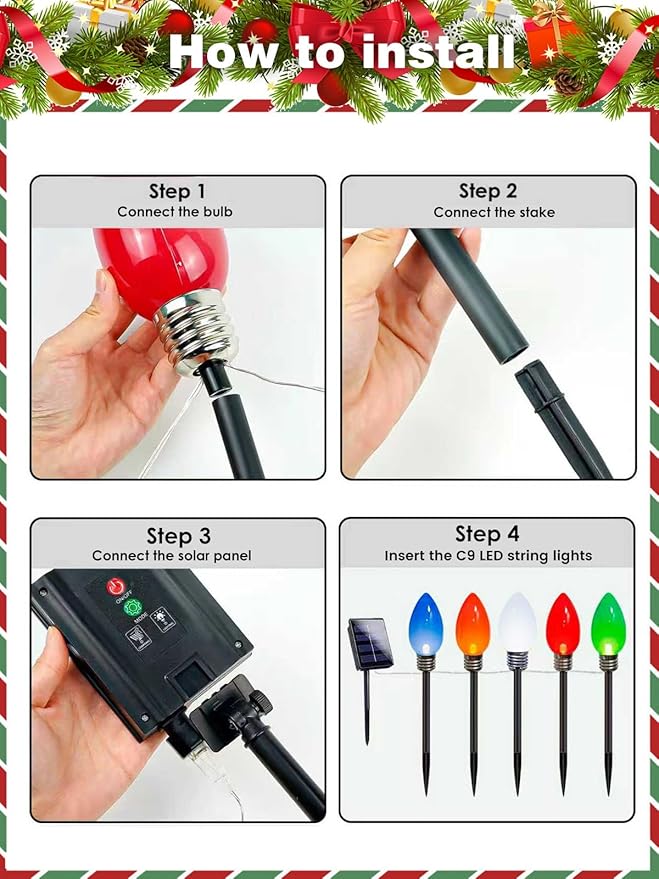 10 Pack Large C9 Christmas Decorations Outdoor Waterproof, Solar C9 Christmas Lights Outdoor with 2 Modes, Solar Pathway Lights for Outside Party Yard Lawn Patio Walkway Xmas Decoration (Multicolor)