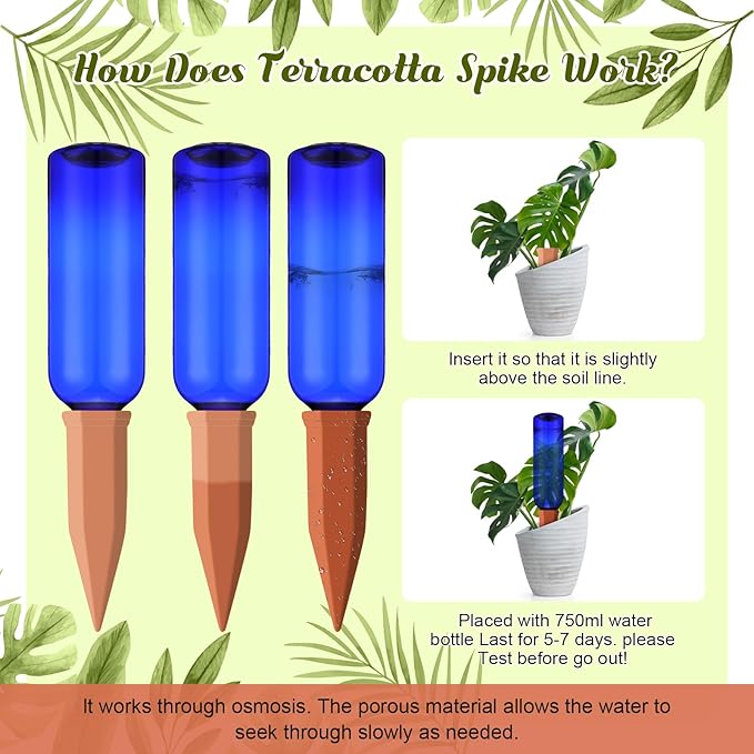 6 Sets Plant Watering Devices Include 6 Terracotta Self Watering Spikes and 6 Pcs 26 oz Plastic Bottles, Slow Release Vacation Insert Automatic Plant Waterer Device (Blue)