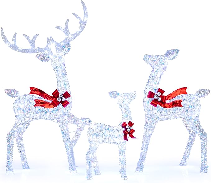 Tangkula 3-Piece Christmas Lighted Iridescent Reindeer Family Set, Pre-lit Xmas Deer Family with 215 Cold White LED Lights, Ground Stakes, Lighted Holiday Decoration for Indoor, Outdoor