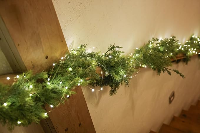 MISSPIN 6ft Christmas Garland with Lights, Real Touch Winter Cedar Pine Garland, Green Artificial Greenery Garland for Table, Mantle, Wall, Indoor, Outdoor Christmas Decorations