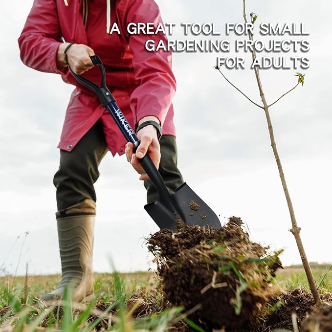 WIKER Kids Shovel,Small Shovels for Digging,Beach Shovels for Kids Heavy Duty,28 Inches,Short Shovel,Metal+Fiberglass,Blue