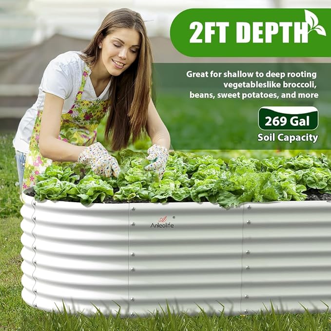 A ANLEOLIFE 6X3X2 ft Galvanized Raised Garden Beds Outdoor-4 Pack, Oval Large Metal Deep Root Planter Box for Planting Vegetables Flowers Herb, Anti-Rust & Easy-Setup, Antique White