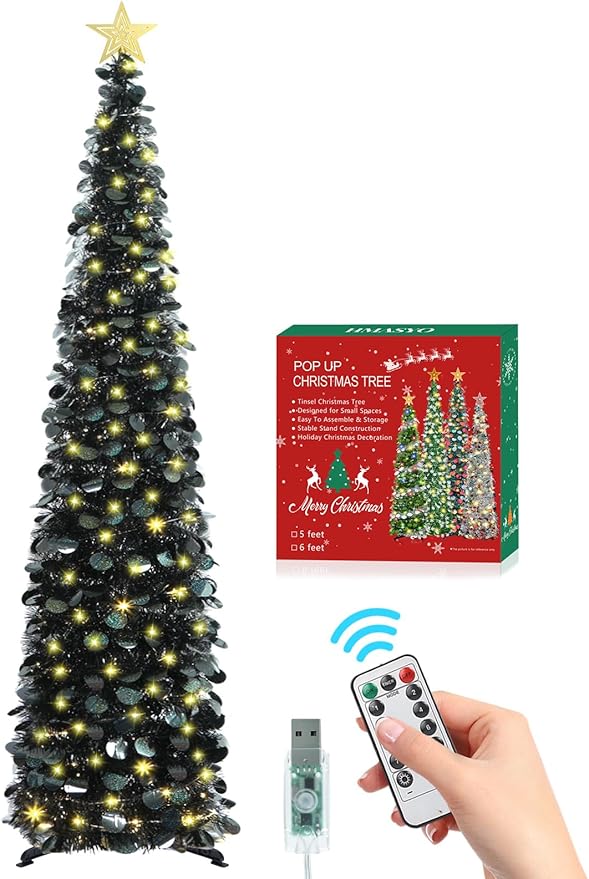 HMASYO 6 FT Pop Up Christmas Tree with 100 LED Lights & Remote, Black Christmas Tinsel Tree, Collapsible Artificial Pencil Tree for Home Office Party Decor, USB Powered Timer Lights, Easy Assembly