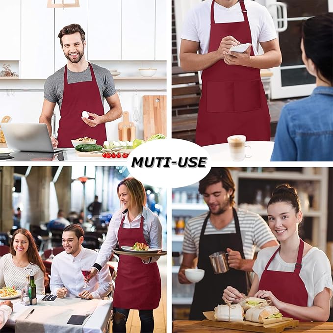 4 Packs Chef Apron, Waterproof Apron, Adjustable Aprons with 2 Pockets for Men Women, Professional Aprons for Kitchen Cooking Gardening Painting Baking Restaurant (Wine)