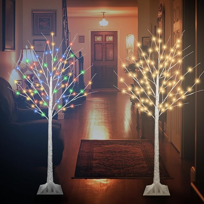 5FT Lighted Birch Tree with 90 LED Warm White and Multicolor Lights, 8 Modes, Timer Remote Faux Light Up Twig Christmas Tree for Indoor Outdoor Xmas Holiday Party Garden Decoration (2 Pack)