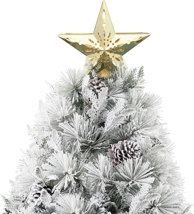 Darla 6.5ft Snow Flocked Rotating Christmas Tree with Star Projector, 35 Pine Cones, 674 Branch Tips, 300 Warm Lights and Rotating Base, 44" Wide Snowy Frosted Pine Christmas Tree with Lights