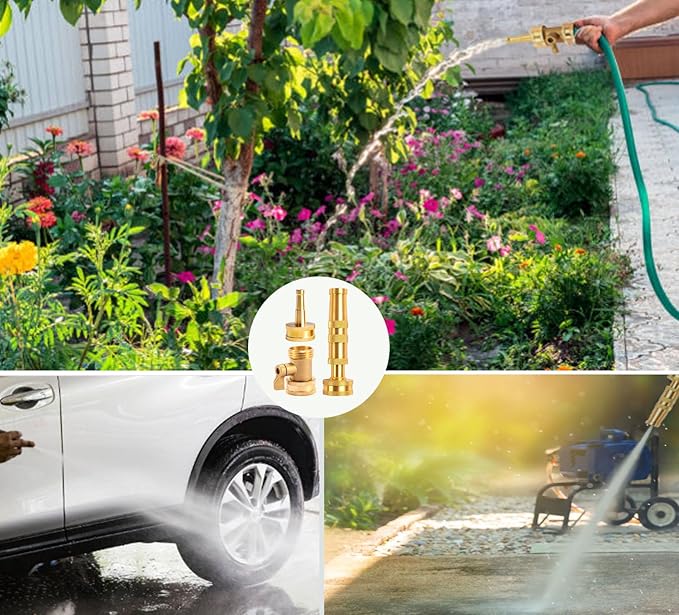 Solid Brass Heavy Duty Adjustable Twist Hose Nozzle,CM CUMIZON Jet Sweeper Nozzle, High Pressure Hose Nozzle with On-Off Valve, Leak-Free Operation 3/4" GHT Connector 3 Pack