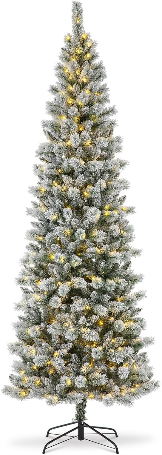 Glitzhome 9ft Pre-Lit Flocked Artificial Christmas Tree, Portland Snowy Pine Pencil Christmas Tree with 450 LED Lights, 9 Functional Warm White/Multi-Color, Remote Controller