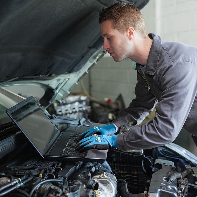 KAYGO Safety Work Gloves PU Coated for Men and Women- KG11P,60 Pairs,Seamless Knit Glove with Two Fingers Touchscreen,Ideal for General Duty Work (Blue,L)