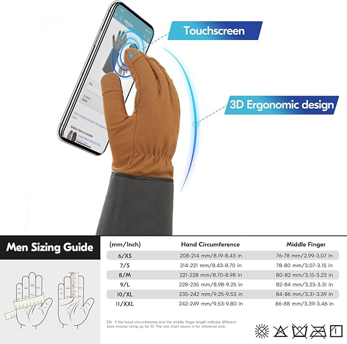 Vgo... Winter Warm Safety Work Gloves Men, Extended Pig Split Leather Cuff,Synthetic Leather, Rose Pruning Thorn Proof,Gardening(Size XL,Brown,SL6592FLWP)