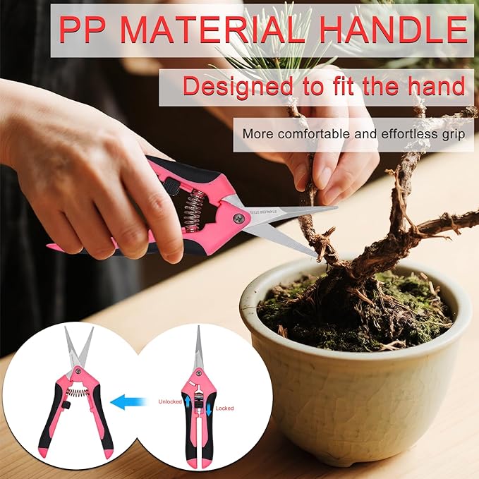 Pruning Shears Gardening Scissors Tools: 3pcs Outdoors&Indoor Garden Clippers, Rose Snips, Plant Clippers, Wood Pruner, Gardener Work Accessories for Flower Arrangement, Yard Landscaping (Pink)