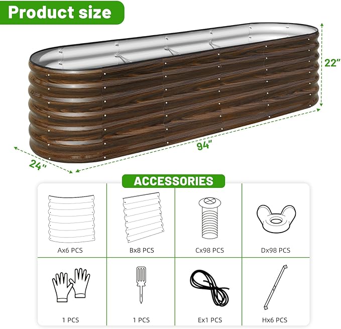 SnugNiture 8x2x2ft Raised Garden Bed Kit, 24" Tall Outdoor Metal Raised Planter Box for Planting Plants Vegetables Flowers Fruits, Brown