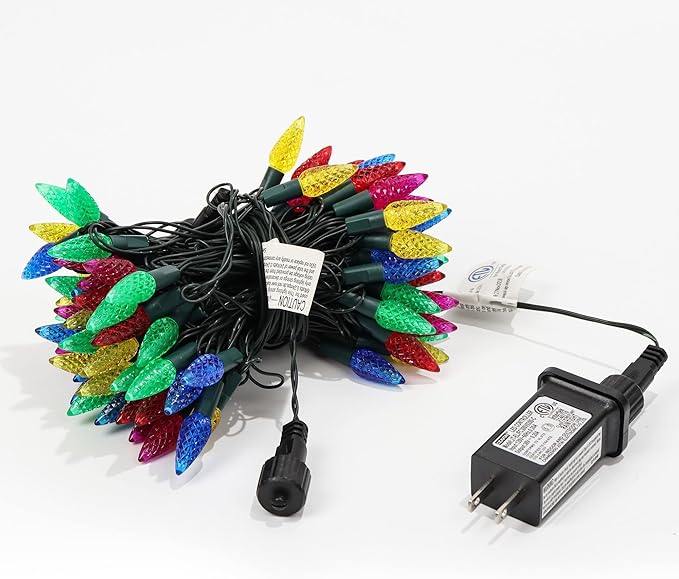 WATERGLIDE C6 Christmas Lights, 33ft 100 LED Faceted String Lights Green Wire Fairy Lights with 29V Safe Adaptor, 8 Lighting Mode, Waterproof for Indoor Outdoor Patio Xmas Tree Party Decor, Multicolor