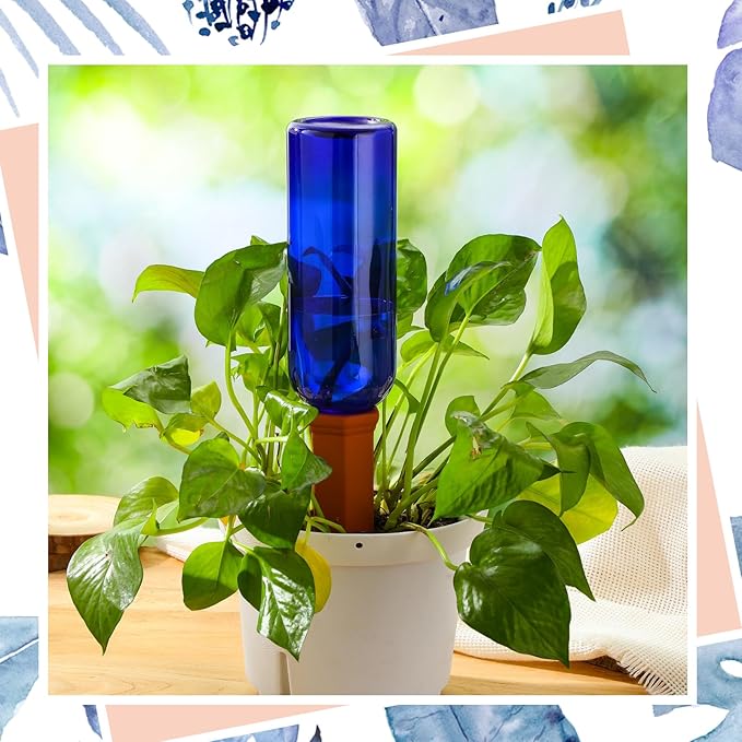 6 Sets Plant Watering Devices Include Terracotta Self Watering Spikes and 26 oz Plastic Bottles, Slow Release Vacation Insert Automatic Plant Waterer Device (Blue Green and Terracotta)