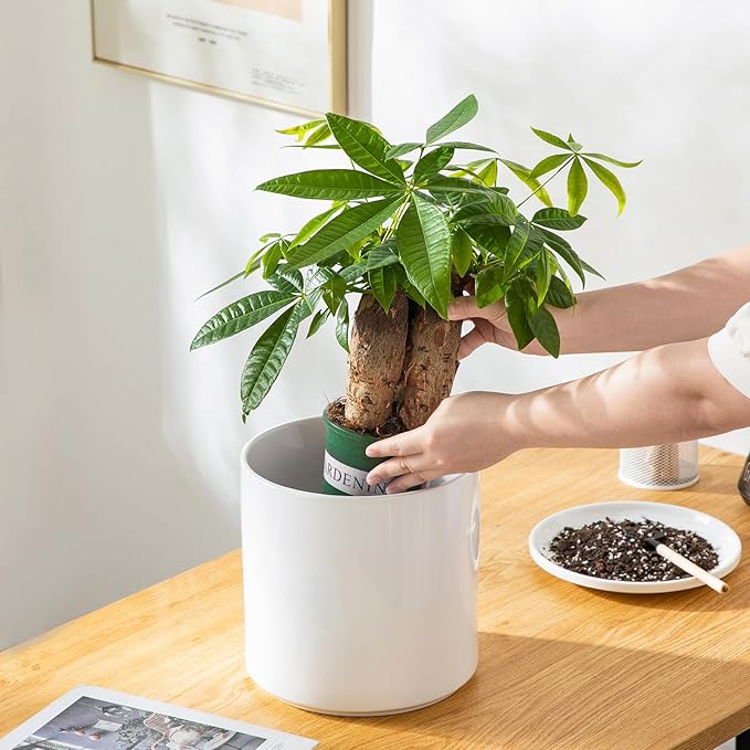 vancasso 8 Inch Ceramic Pot for Plants, Round Outdoor Indoor Planter Pots with Drainage Holes, White