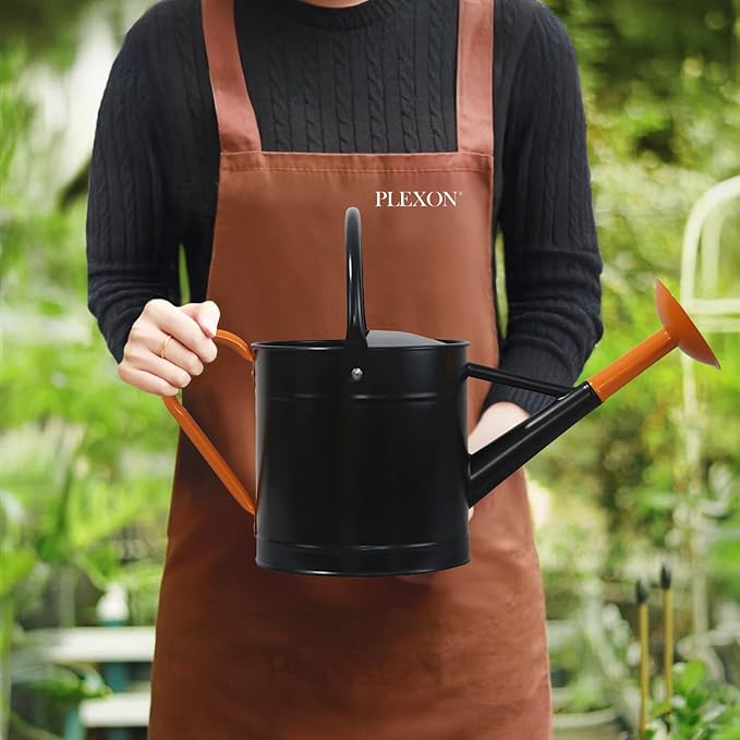 Plexon 1 Gallon Metal Watering Can Outdoor, Flower Plant Gardening Garden Large Watering Can Pot Pitcher, Steel Orange Handles and Removable Spray Spout, Black