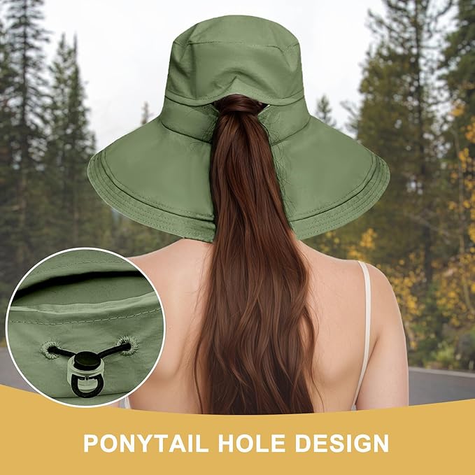 Sun Hats for Women Wide Brim Ponytail UV Protection Beach Hat Packable Waterproof Bucket Hat for Travel Hiking Gardening