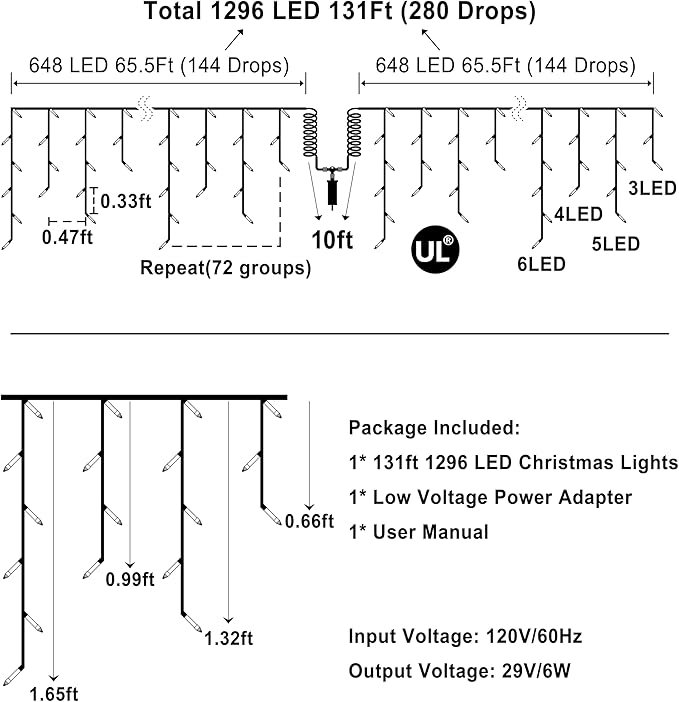 1296LED Christmas Lights with 288 Drops, 131ft 8 Modes Christmas String Lights Outdoor, Waterproof Christmas Decorations Fairy Lights with Timer Memory for Xmas Party Patio Fence Tree Cool White
