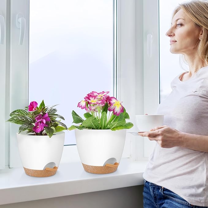 Plant Pots 8/7/6.5/6/5.5/5 Inch Self Watering Pots, Set of 6 Plastic Planters with Drainage Holes and Saucers,Plastic Flower Pots,Nursery Planting Pot for Indoor Out Door Plants(White)