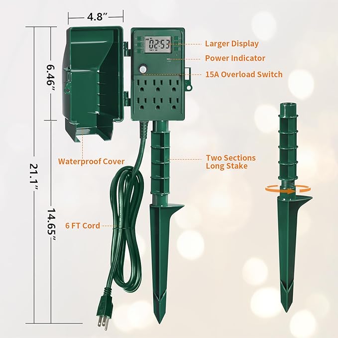 SURAIELEC Outdoor Power Stake, 7-Day Programmable Digital Timer, Power Strip Weatherproof, 6 Multi Plug Electrical Outlet Waterproof, 6FT Extension Cord, for Outside Yard Light, Christmas Decorations