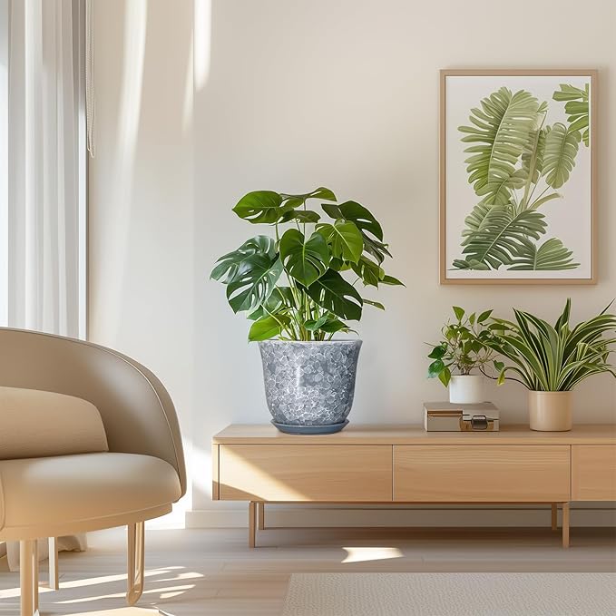 Ceramic Plant Pots - 8 Inch Plant Pot with Drainage Hole and Saucer, Round Planter for Indoor Outdoor, Modern Flower Pots, Decorative Planters, Home Room Office Decor, Gardening Gifts, Grey